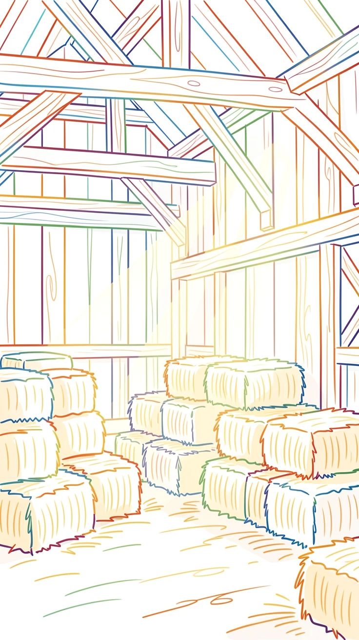 A rustic barn interior with hay bales and sunlight streaming through gaps in the wood.