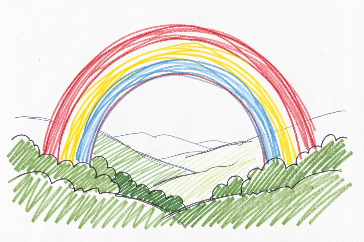 A rainbow arching over a lush green valley after a summer storm