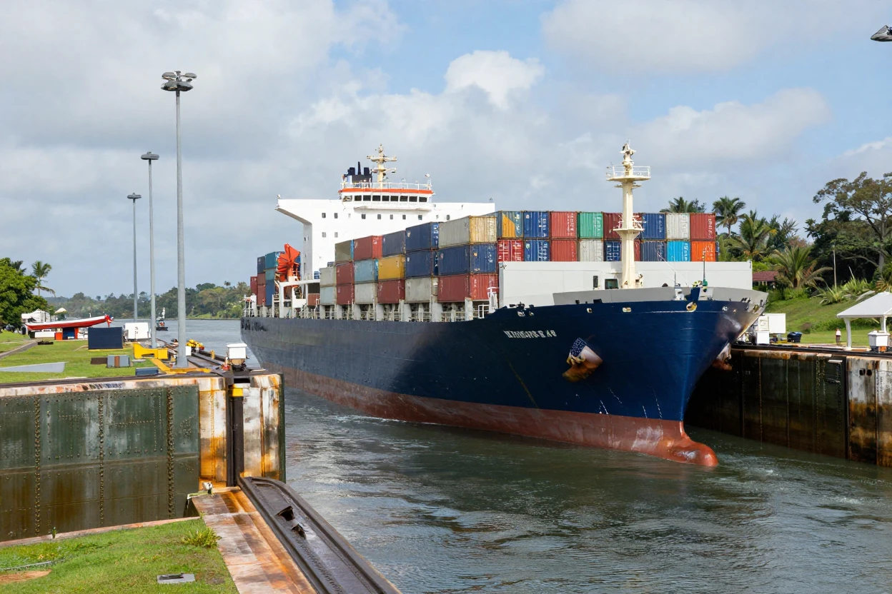 A Panama Canal cargo ship passing through massive locks