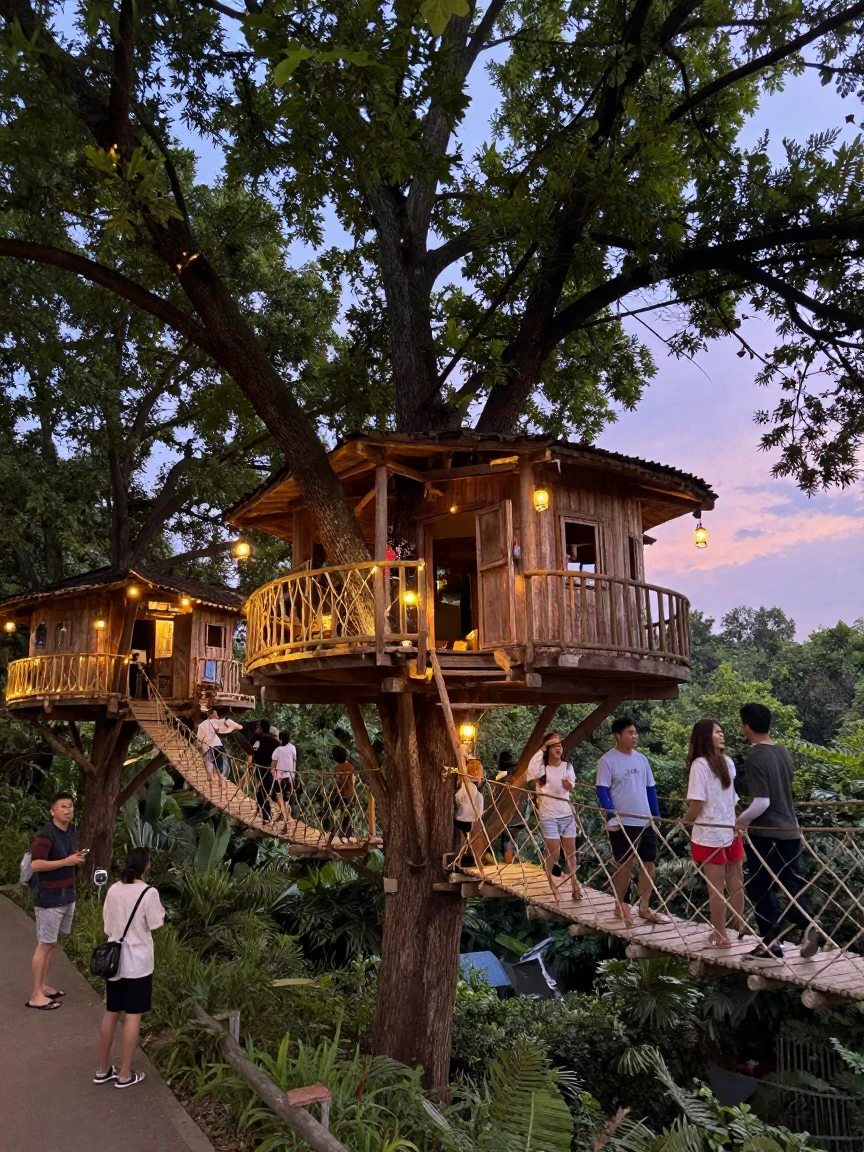 A treehouse village connected by rope bridges glows with warm lights at dusk.