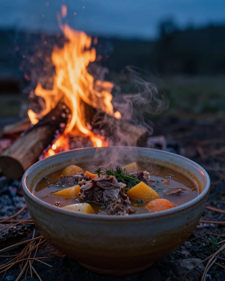 A hearty bowl of stew simmering over a campfire on a cold evening
