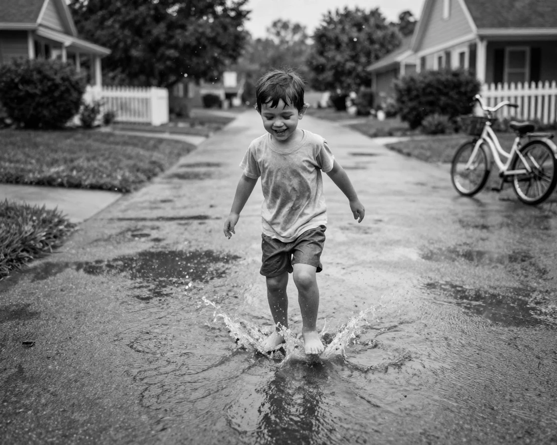 A barefoot child splashes joyfully through a puddle on a rain-soaked driveway.