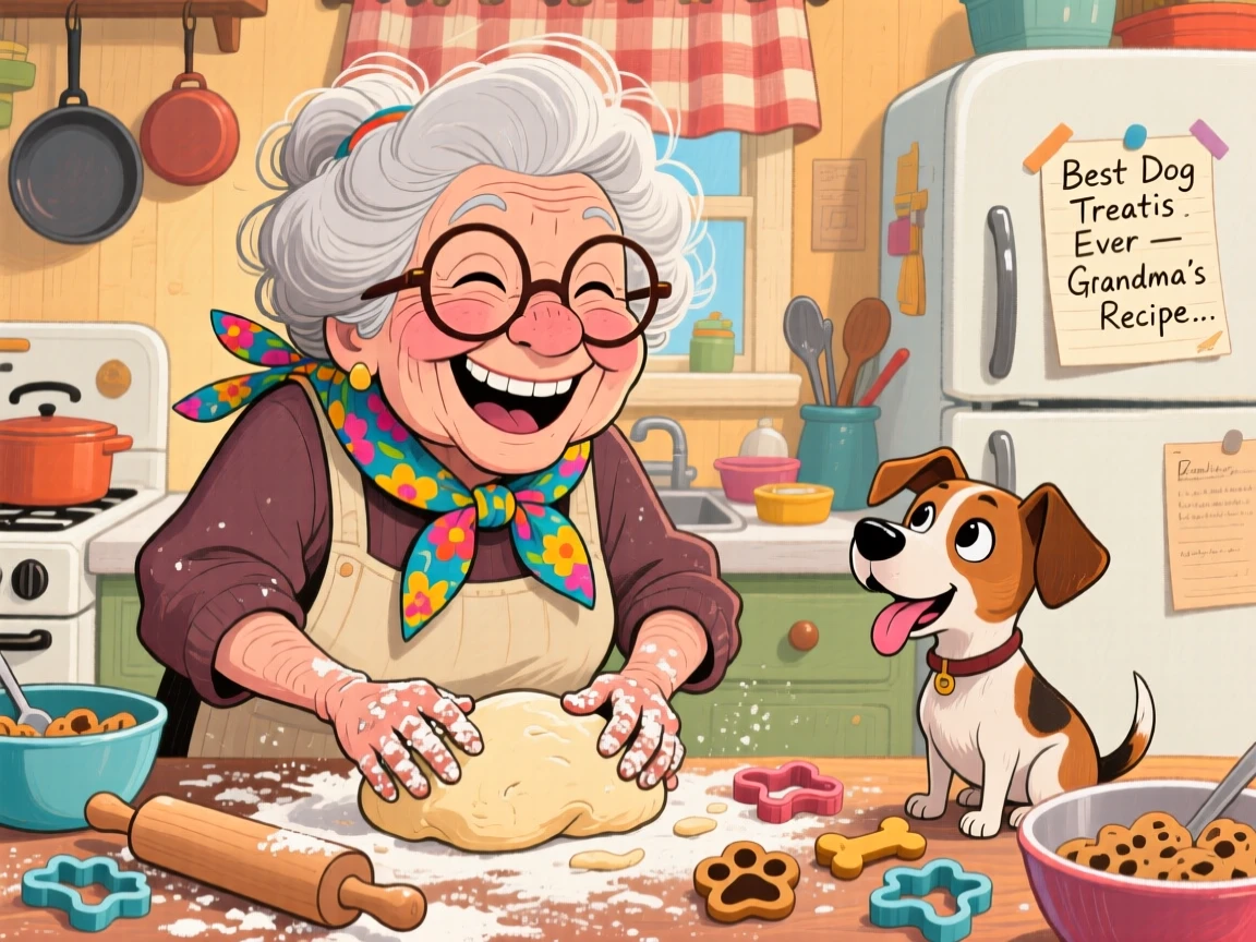 A grandmother baking dog treats in her kitchen, her dog watching hopefully.