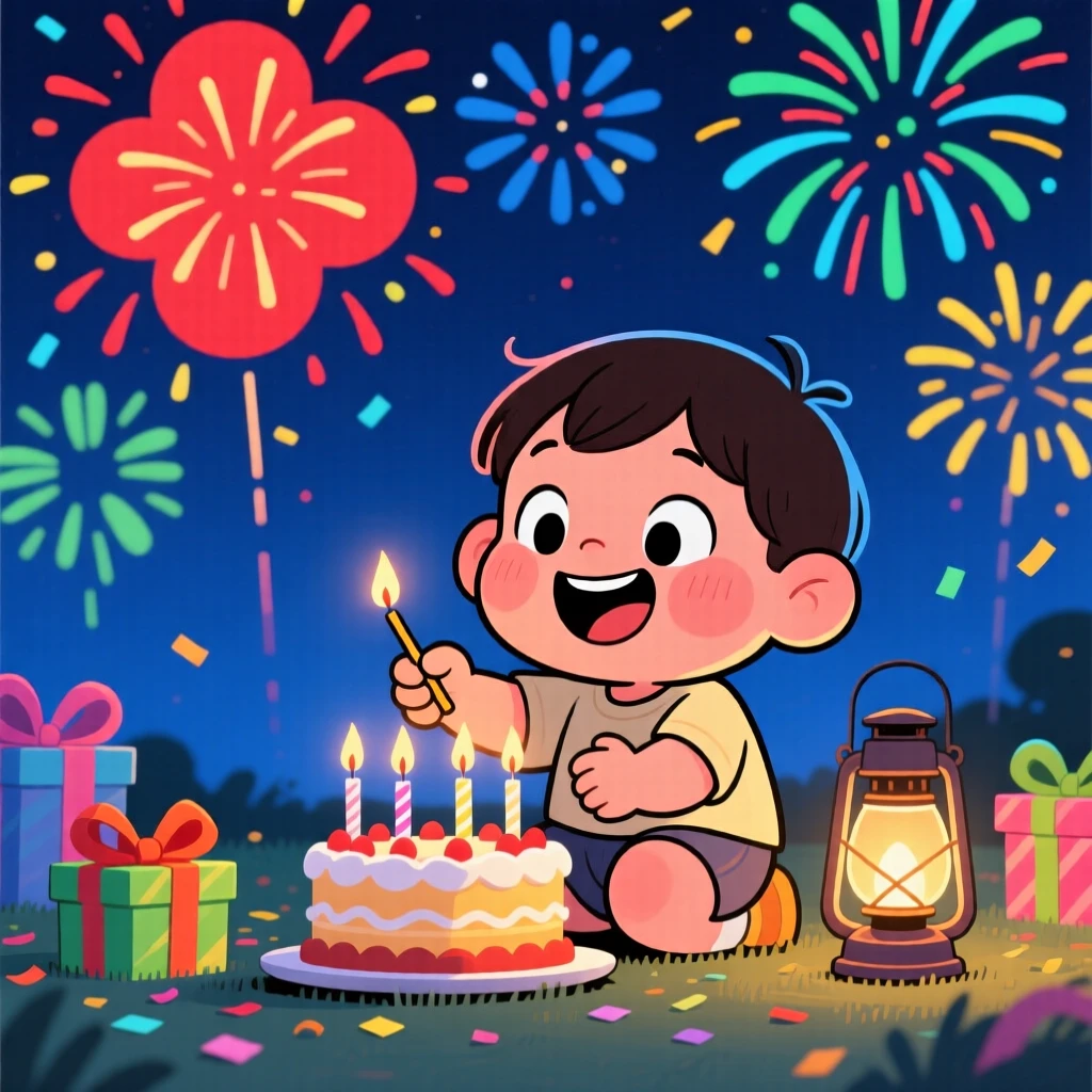 A festive celebration scene of a small child lighting candles together during a quiet evening celebration, under a sky full of fireworks.