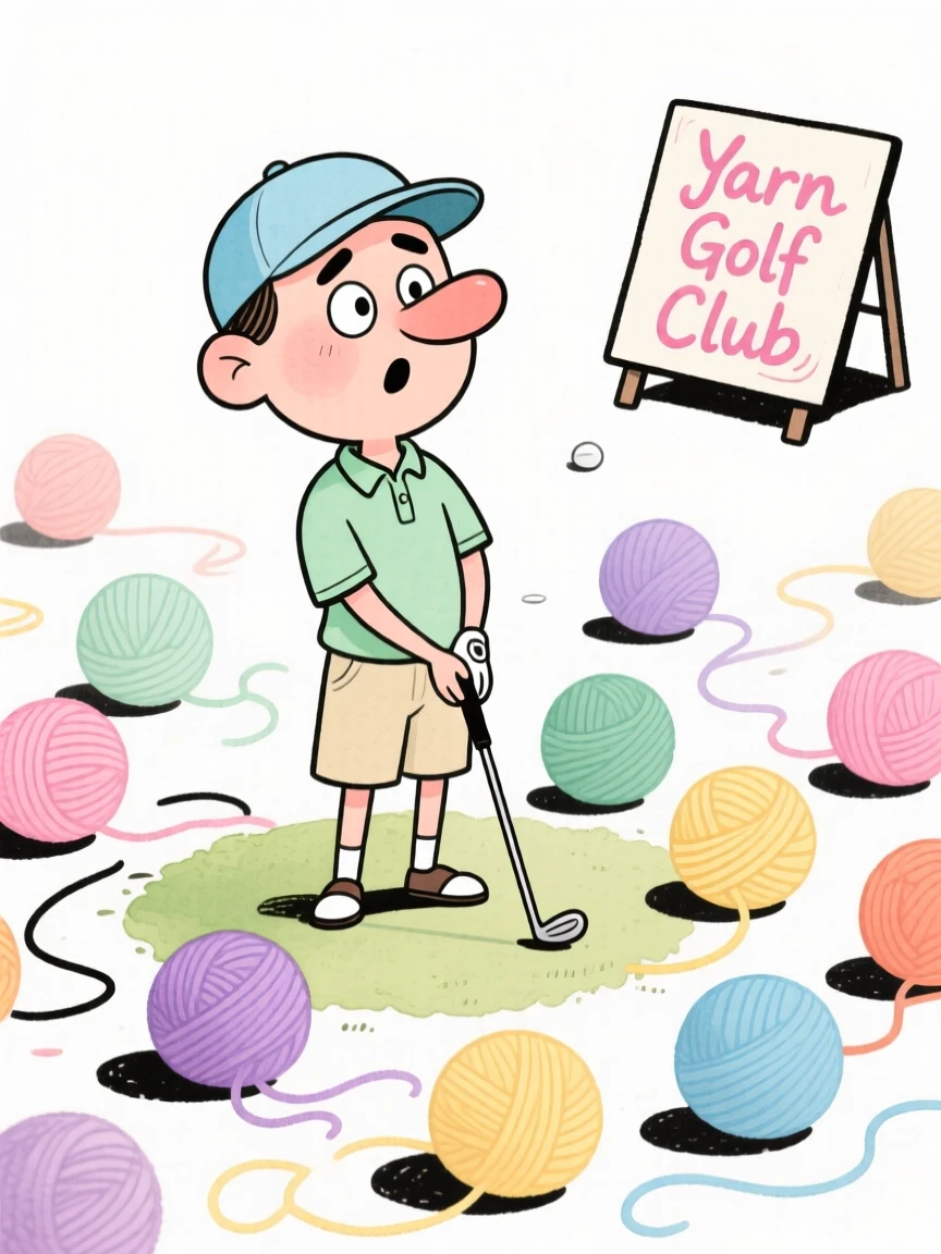 A golfer surrounded by balls of colorful yarn