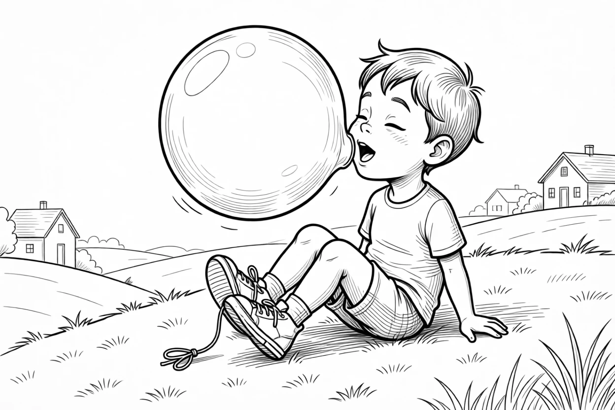 A child blowing the biggest bubblegum bubble yet, landing in a heap with legs comically tangled, set on a grassy neighborhood hill. A shoelace trails untied and forgotten. It feels like a cherished memory frozen in time.