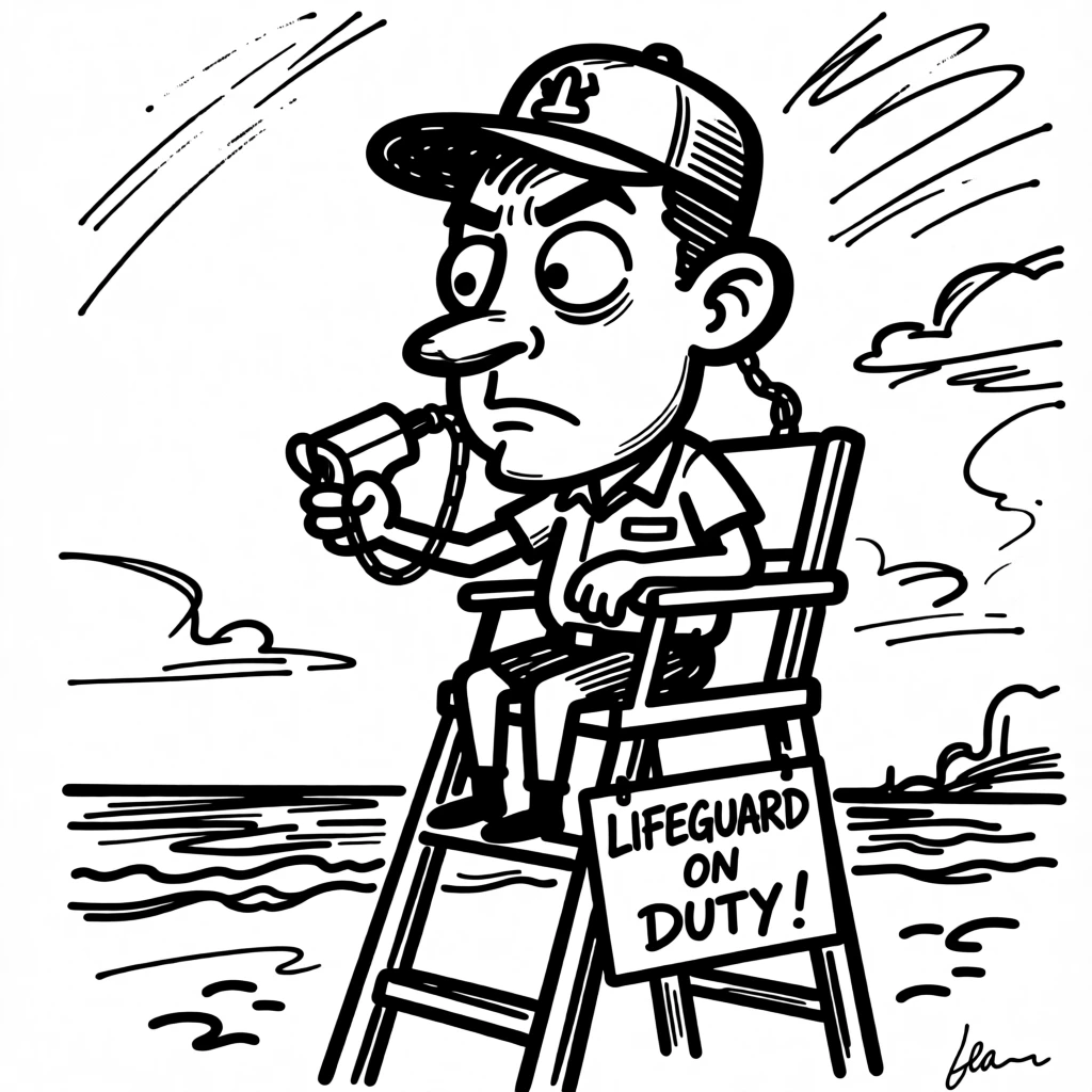 A lifeguard scanning the beach from an elevated chair, whistle ready.