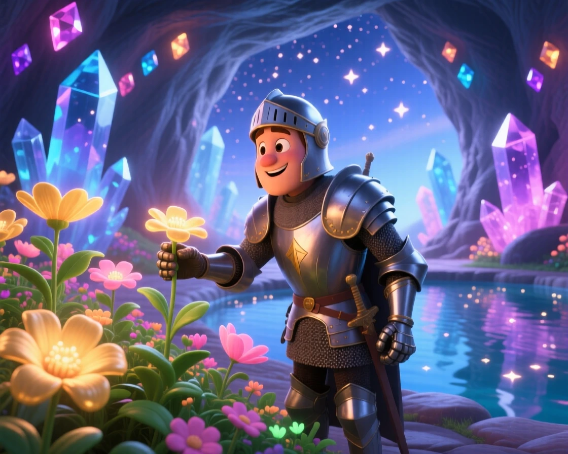 A knight in silver armor stands inside a crystal cave lit by glowing gems, tending to a garden of luminous flowers. The mood is enchanting, hopeful, and dreamlike, with stars reflected in a nearby pool of water.