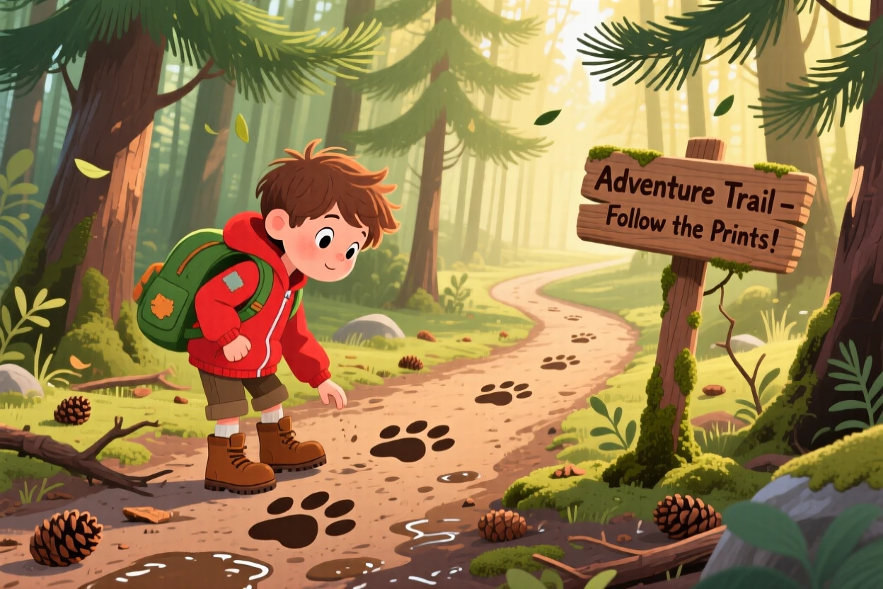 A young explorer with a backpack pauses while following a trail of paw prints in the mud in a winding forest path, with the scent of pine drifting on the wind.