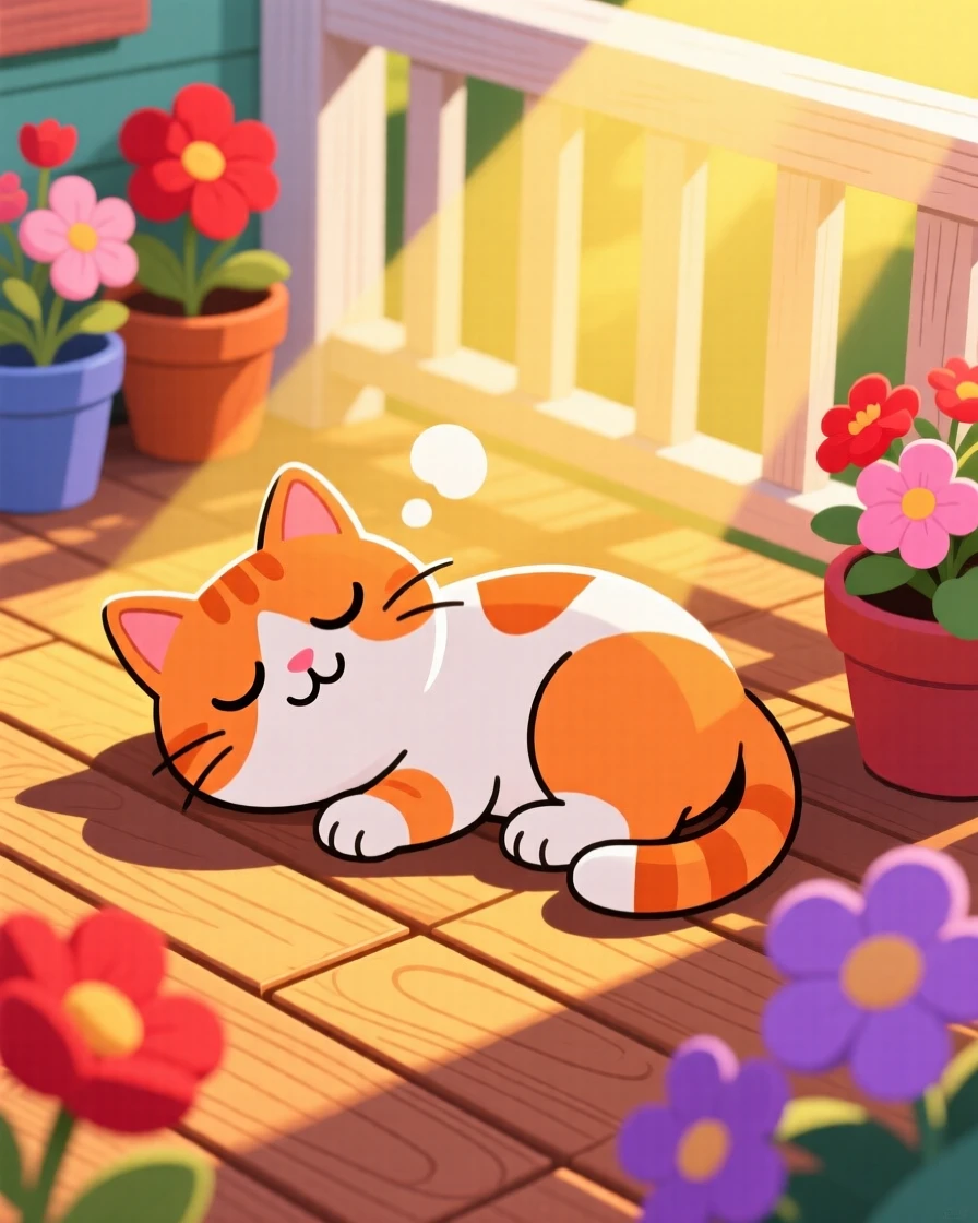 A cat napping in a sunbeam on a wooden porch floor.