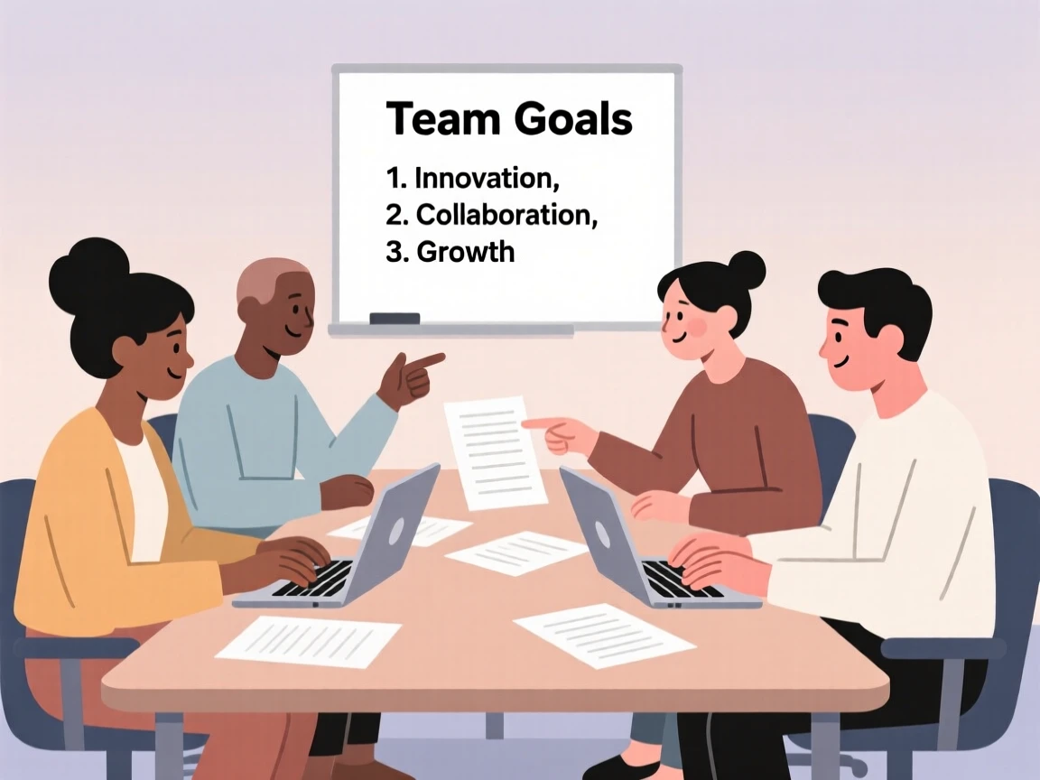 Illustration of a diverse team in a meeting, collaborating around a table with laptops and documents.