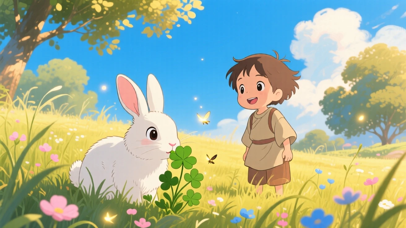 A rabbit nibbling clover in a sunny meadow, beside a small child watching with delight, radiating pure charm.