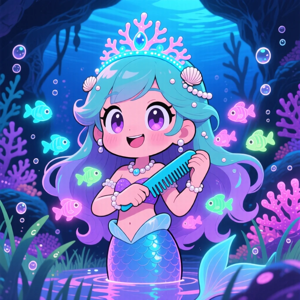 Waist-up portrait: a mermaid princess, combing a school of glowing fish like pets, set against a bioluminescent underwater cave as morning dew glistens on the grass, with neon-lit glow and a mood of triumphant pride.