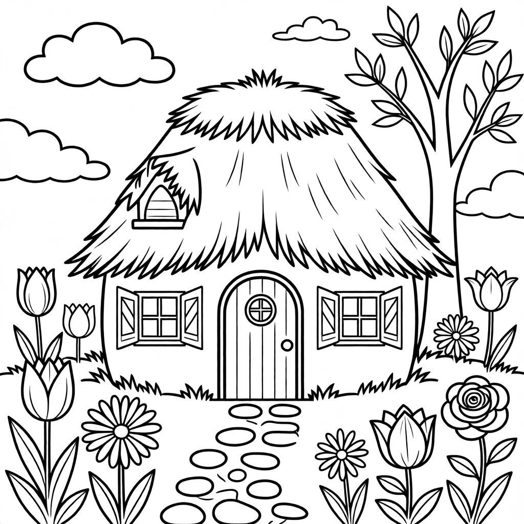 A fairy tale cottage with a thatched roof and flower garden