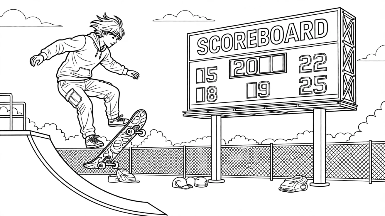 A skateboarder launching off a ramp mid-trick, with a scoreboard glowing in the distance.