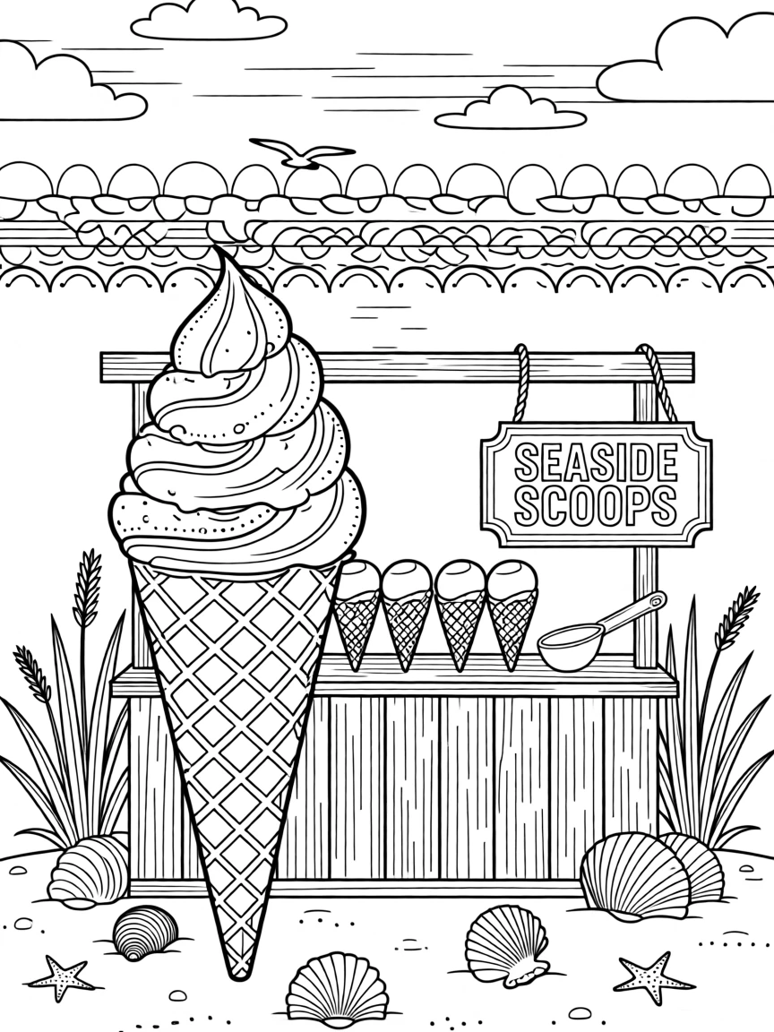 A cozy waffle cone scene stacked with scoops at a seaside stand.