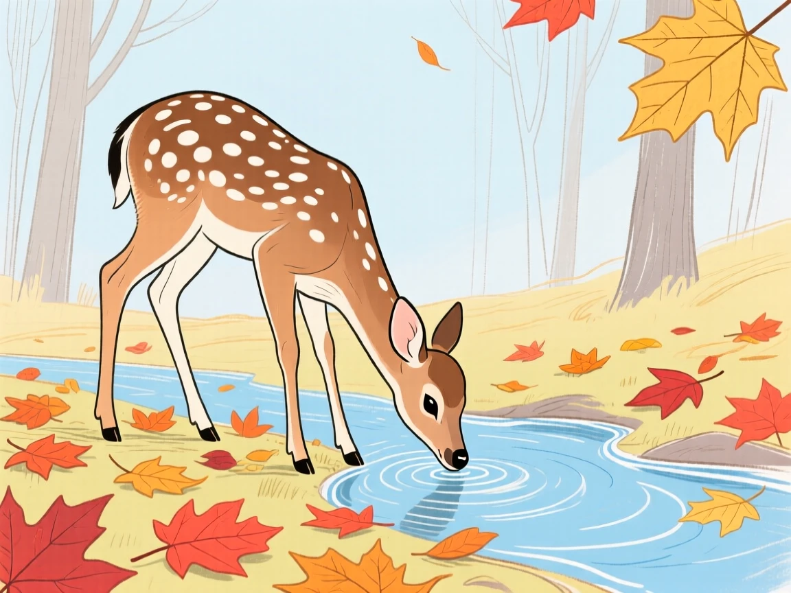 A spotted fawn drinking from a stream among autumn leaves on a crisp autumn day.
