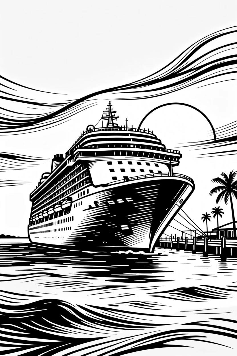 A gleaming cruise ship departing a tropical port at sunset.