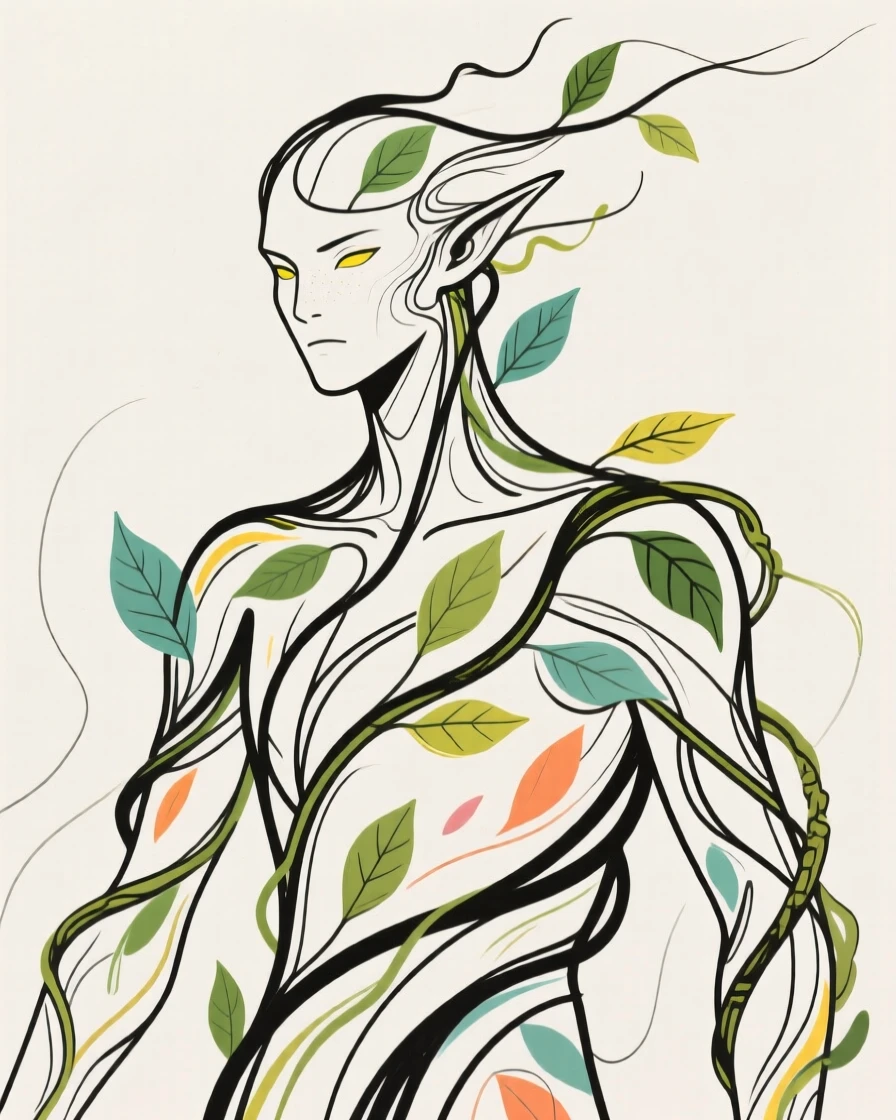 A forest spirit made of leaves and vines watching over an ancient grove.