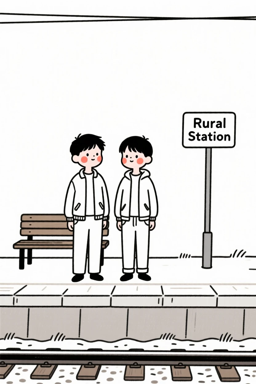 Twin brothers, full of curious wonder, at a rural train station.