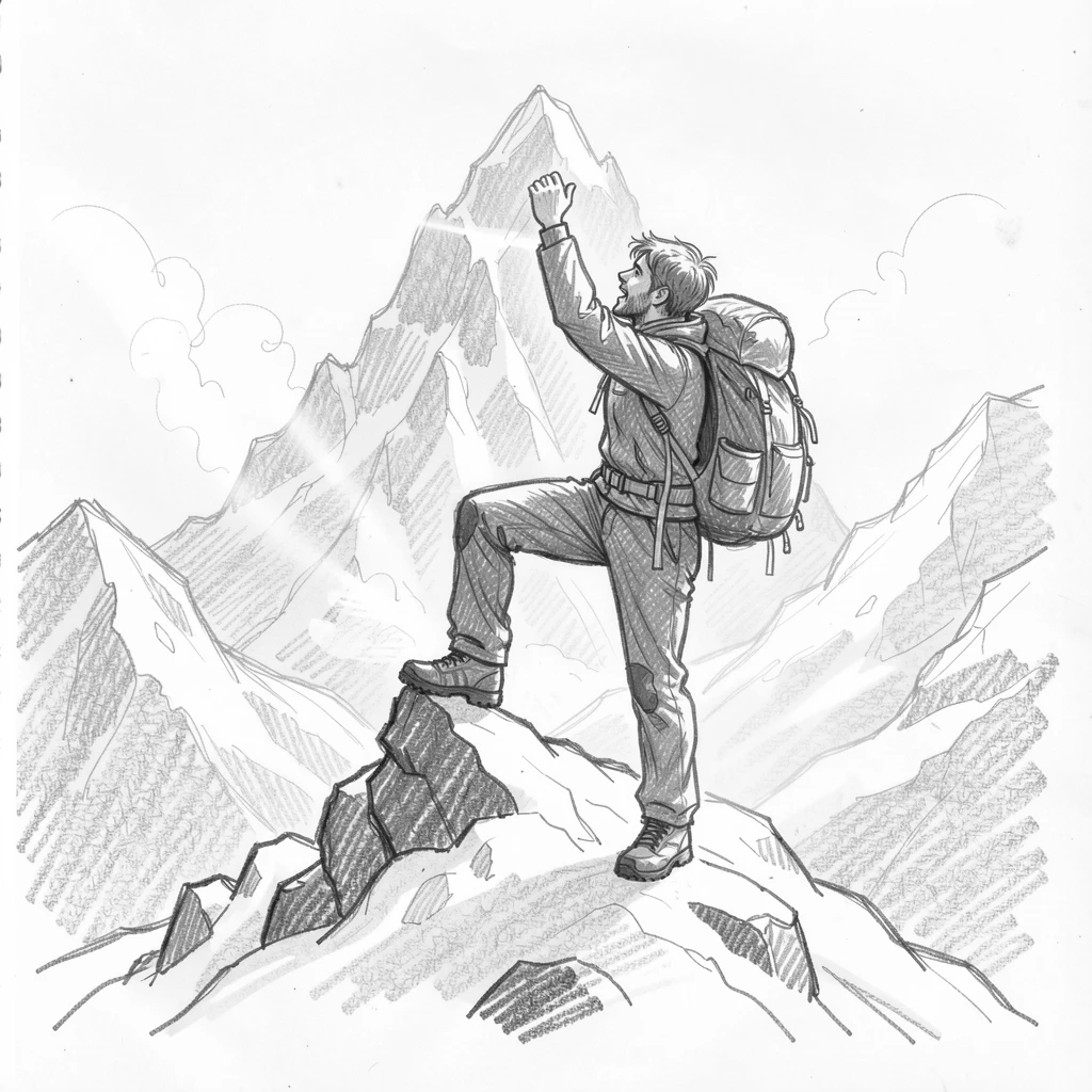 An energetic scene of a hiker reaching a mountain summit atop a snowy mountain peak, with spray catching the sunlight.