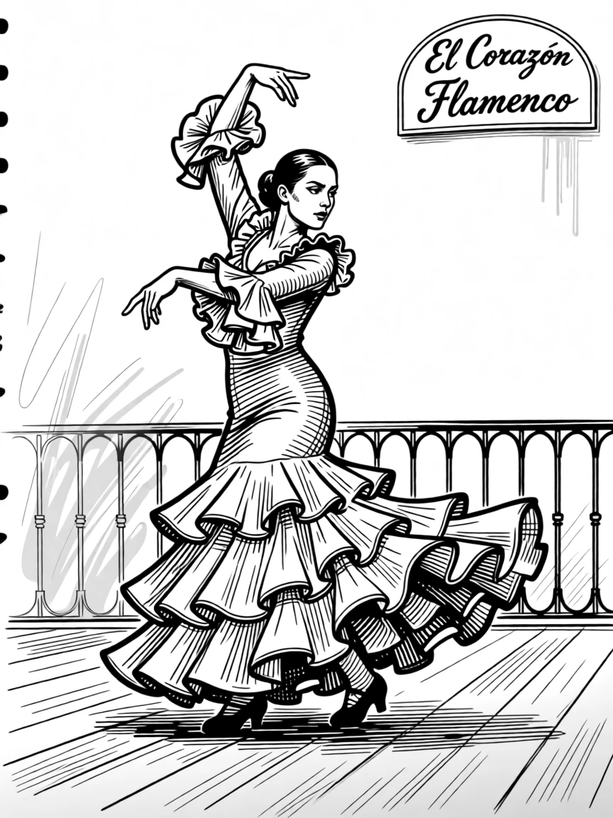 A vibrant flamenco dancer performing passionately on a Spanish stage.
