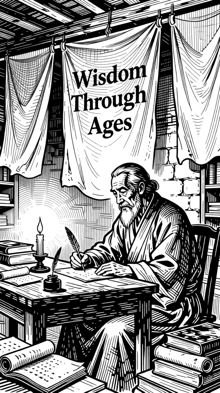 A scholar writing by candlelight in an old study under banners fluttering in the wind, with the quiet dignity of long-held tradition, portrayed in a vibrant with cultural pride historical scene.
