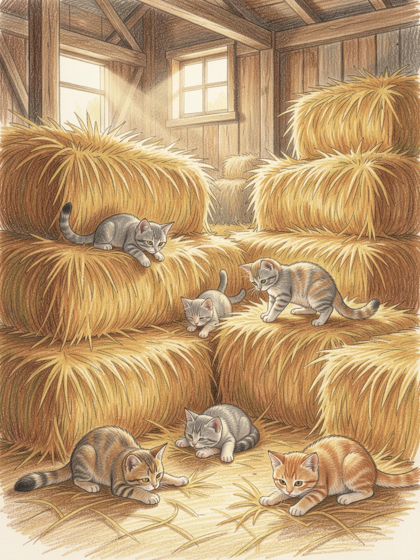 A barn full of hay with kittens playing among the bales, set against a softly lit, atmospheric backdrop, evoking nostalgia and a deep sense of contentment.
