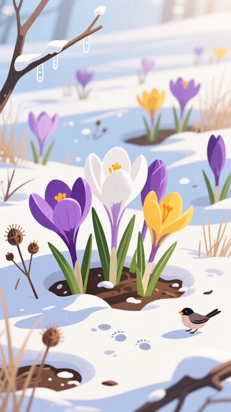 A field of blooming crocuses pushing through late winter snow, surrounded by natural seasonal textures and light, arranged with a cheerful, seasonal charm, with charming small details that evoke the season perfectly.