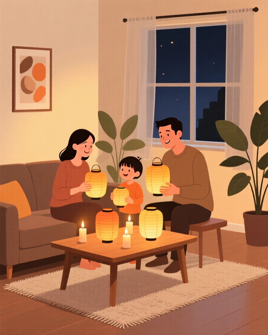 A lantern celebration with warm candlelight filling a family home.