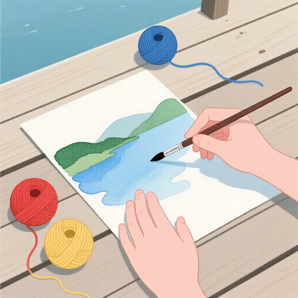 A close view of hands painting a watercolor landscape near balls of colorful yarn in a lakeside dock, full of peaceful absorption.