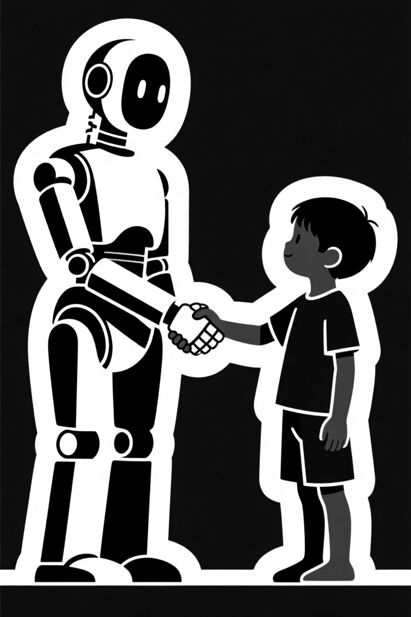 A humanoid robot shaking hands with a child.