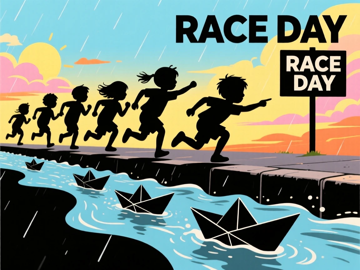 A group of kids racing paper boats down a rain-swollen gutter stream.