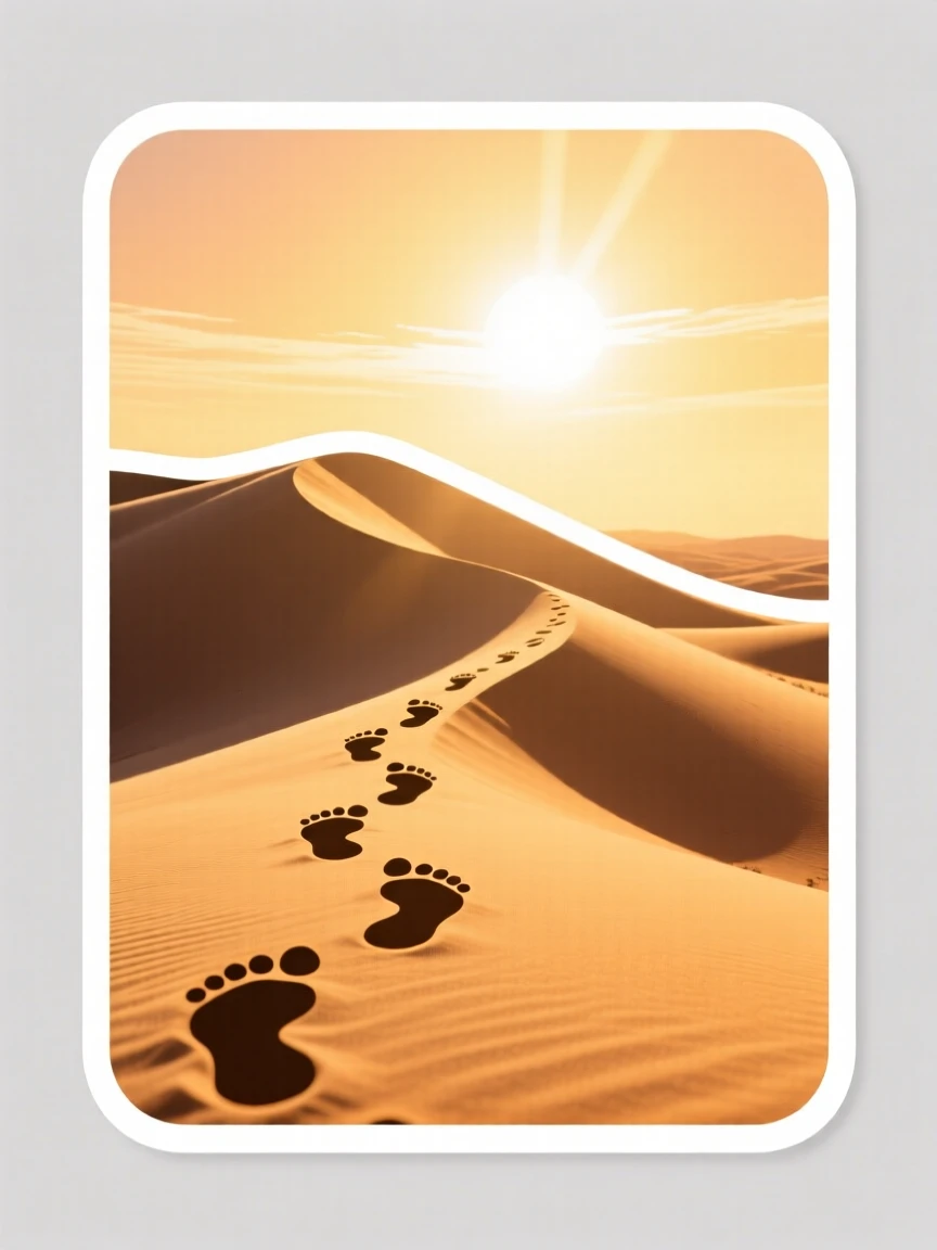 A tenderly hopeful scene of a footprints leading up a sandy dune toward a bright sky, bathed in warm golden light, marking the start of something meaningful.