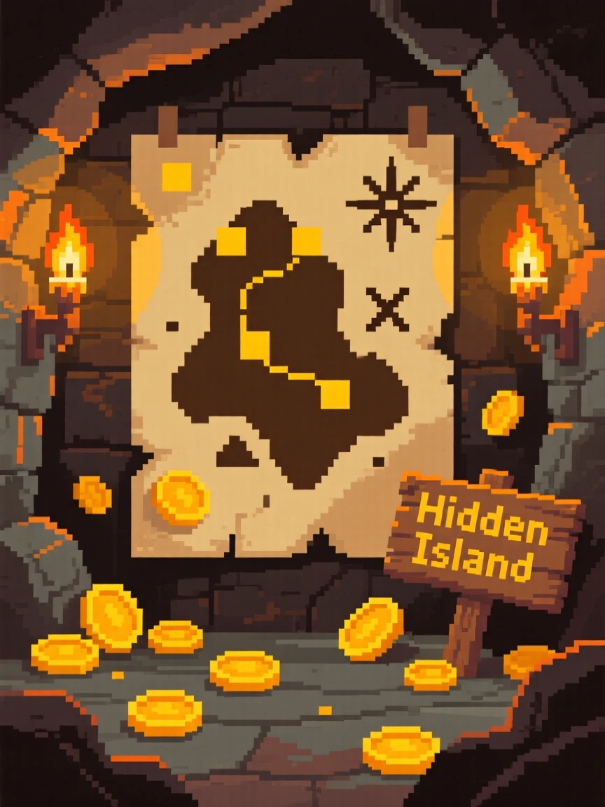 A map leading to a hidden island surrounded by scattered gold coins, within a cave lit by torchlight.