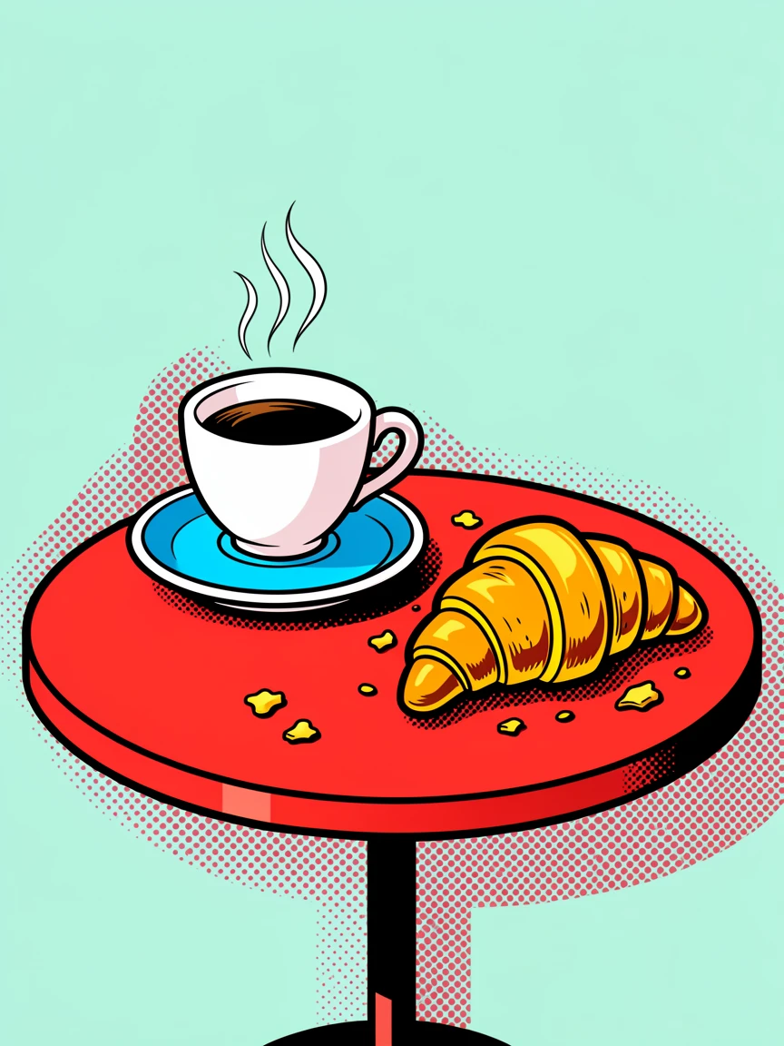A street-side cafe table with an espresso and a croissant
