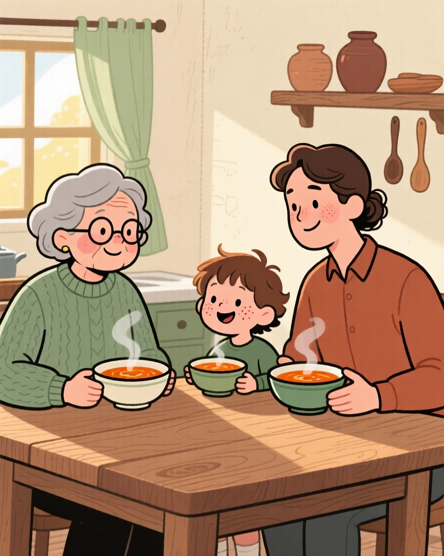 Three generations of a family gather around a large wooden table in the farmhouse kitchen, sharing steaming bowls of soup and stories as the afternoon sun warms the room.