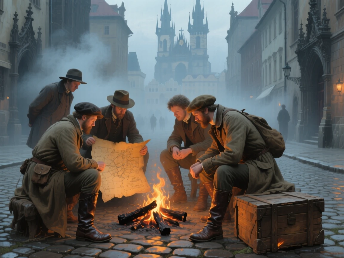 A wide establishing shot of a group of explorers studying a weathered map beside a campfire, in old Prague, in thick fog.