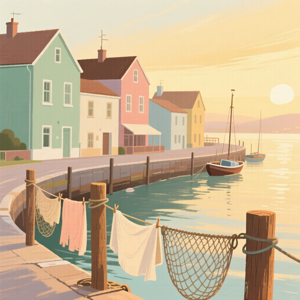 A colorful harbor town with fishing nets drying along the quay
