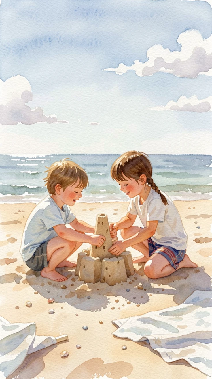 Siblings building a sandcastle together on the beach with a gentle breeze and soft afternoon light.
