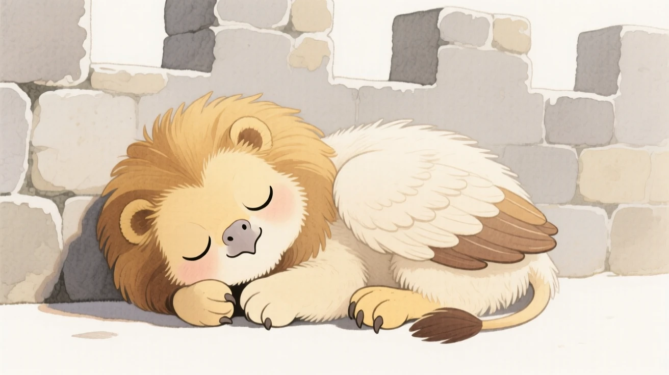 A wide-eyed baby griffin with fluffy feathers and lion paws naps curled beside a stone castle wall