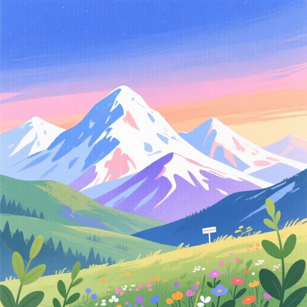 A panoramic scene of a chain of snow-capped mountains at dawn in the height of summer.