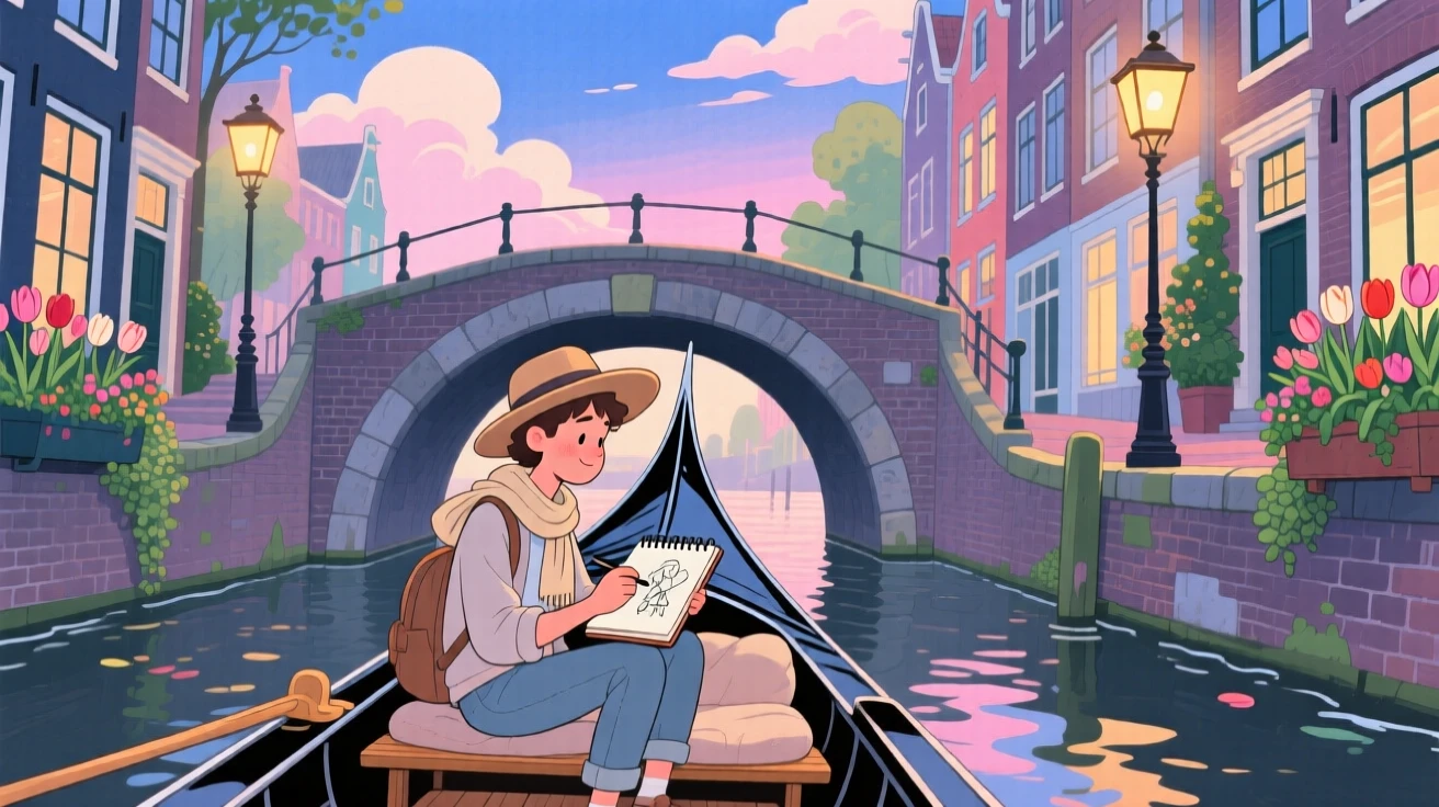 A solo traveler sits sketching in a small notebook amid a gondola gliding beneath a bridge in Amsterdam, filled with the romance of travel.