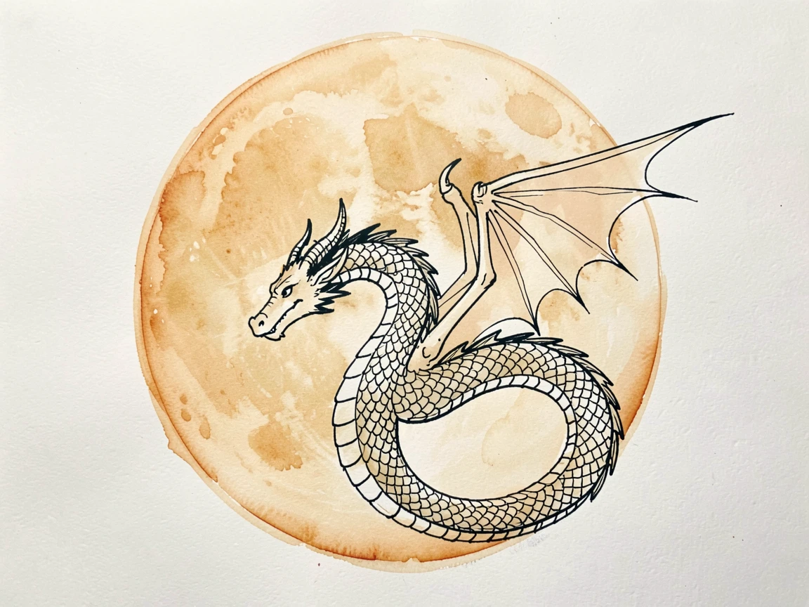 A dragon's silhouette crossing in front of a massive harvest moon, the atmosphere charged with quiet, ancient magic.