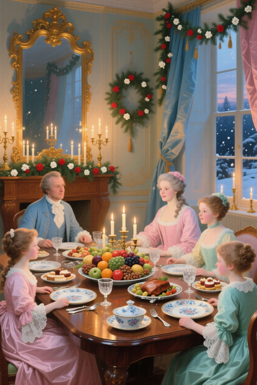 A family holiday supper with evergreen garlands and candlelit windows  