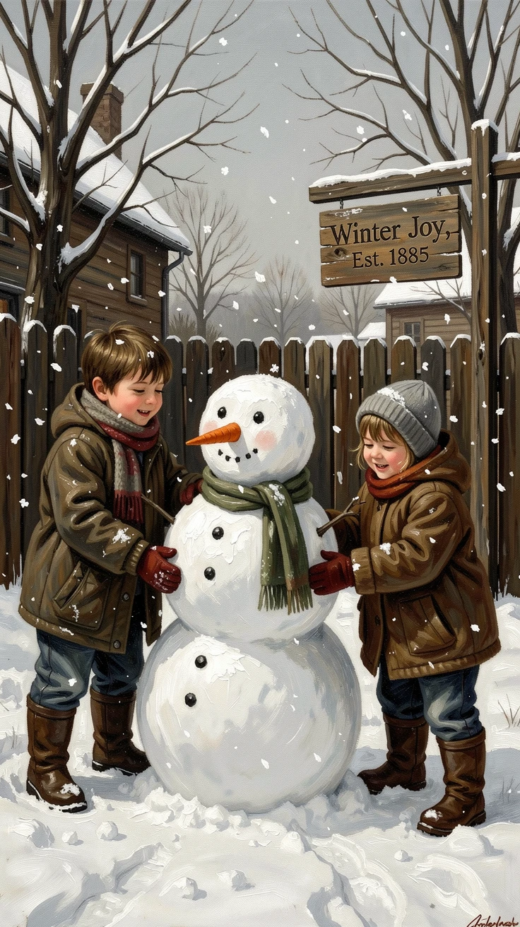 Children building a snowman together on a crisp winter morning, as soft snow or flower petals drift gently through the air, designed to bring festive cheer to any home or gallery wall