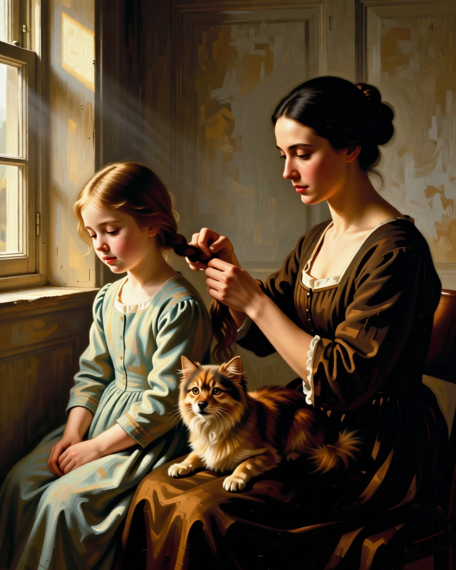 A mother braiding her daughter's hair by a sunlit window in a small, tender moment that says everything without words, set within a cozy home lit by late afternoon sun, with a family pet weaving happily between the figures; warm, low light wraps the family in a comforting glow, radiating warmth, comfort, and belonging.