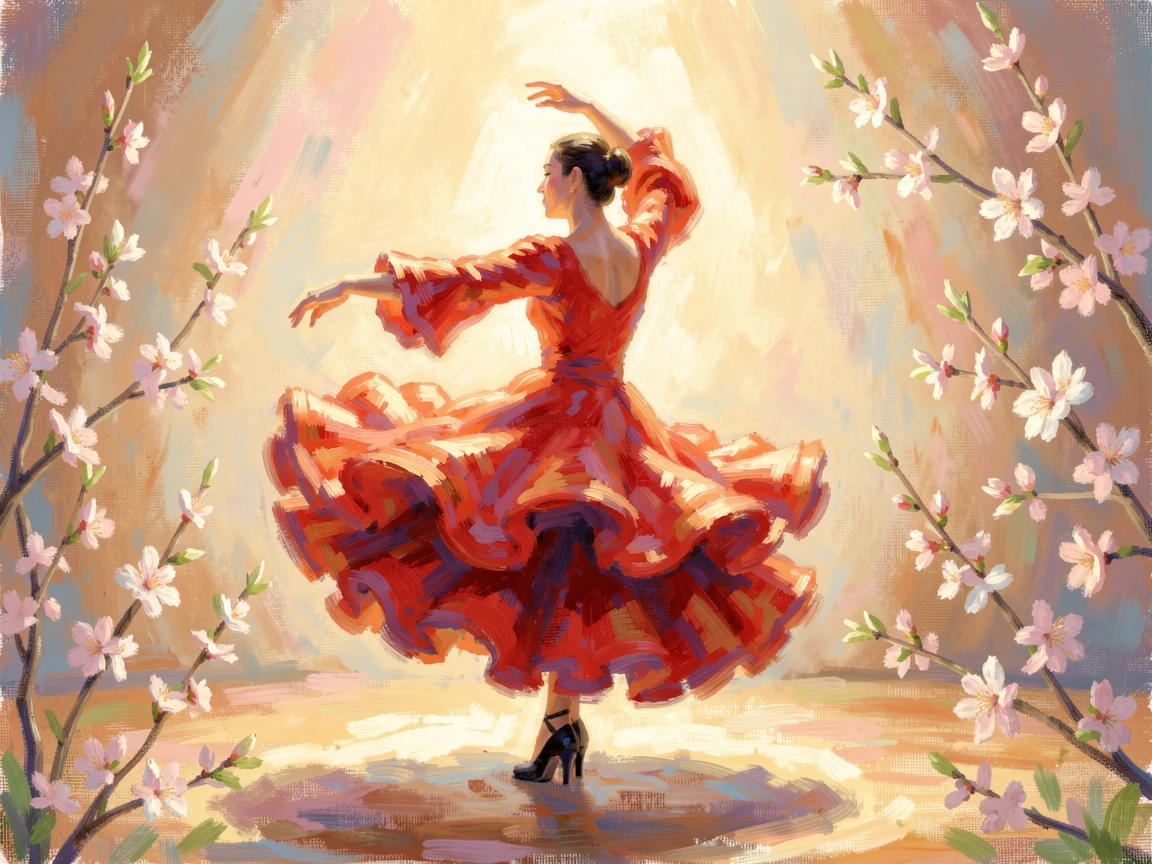 A flamenco dancer captured mid-spin, her red dress swirling dramatically under warm stage light, just as the first blossoms of spring appear, capturing a fleeting moment of pure happiness.