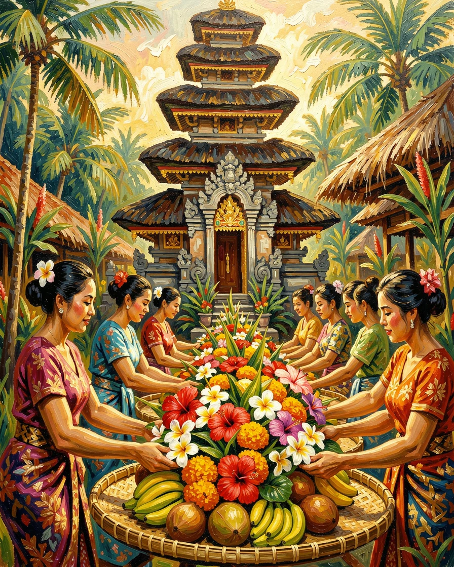 A traditional Balinese temple ceremony with offerings of flowers and fruit.