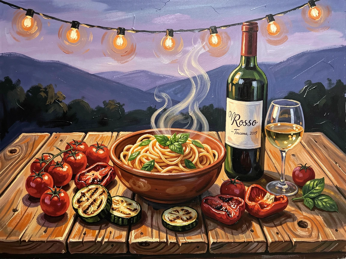 A rustic wooden table overflows with a Tuscan feast of fresh pasta, roasted vegetables, and a bottle of red wine beneath string lights at dusk, the composition inviting the viewer to imagine the aroma and flavor of the moment.